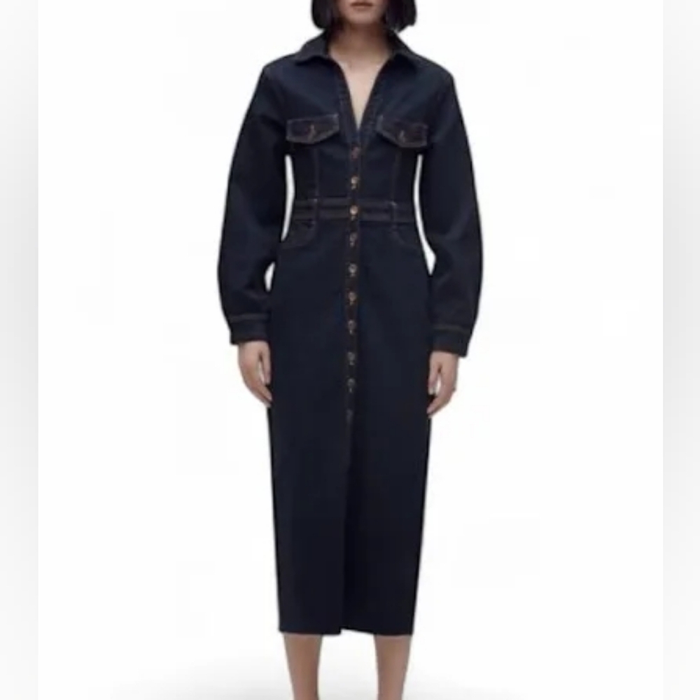 Zara Denim Dress Dark Blue Gold Button Up Long Sleeves Maxi Raw Hem Sz L Nwt